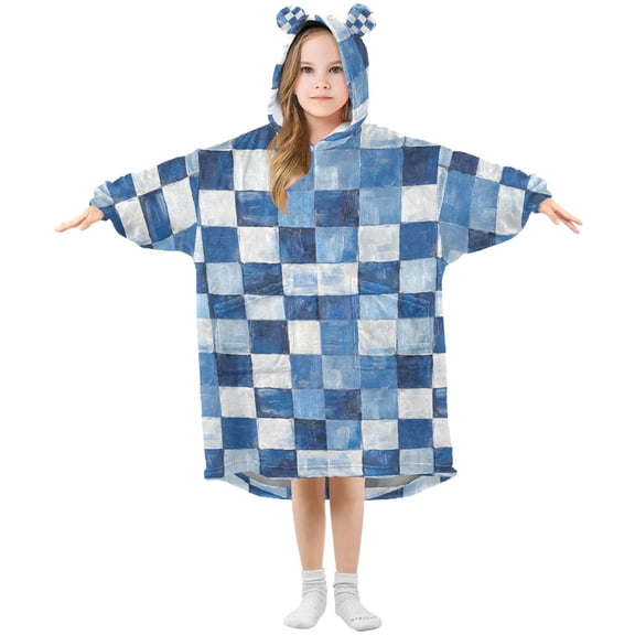 FORMRS Wearable Blanket Hoodie with Sleeves for Kids Cozy Flannel Sweatshirt, Blue and Gray Plaid Pattern