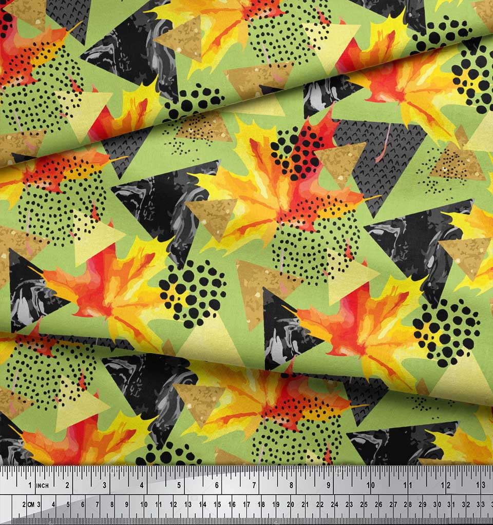Soimoi Green Rayon Fabric Triangle,Autumn Leaves & Brush Stroke Abstract Print Fabric by the Yard 42 Inch Wide