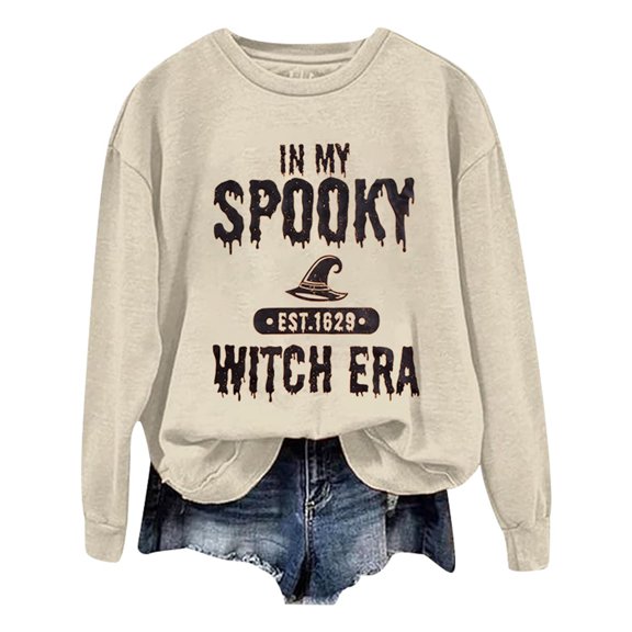 Gunia Womens Halloween Sweatshirt Crew Neck Long Sleeve Lightweight Pullover Hoodie Fall Fashion Clothes Tops Beige S-2Xl