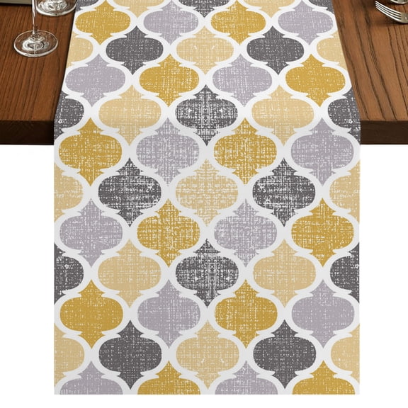 Moroccan Table Runner 36 Inches Long, Cotton Linen Table Runner Dresser Scarf, Vintage Moroccan Texture Yellow Grey Short Fabric Tablerunners for Dining Coffee Tables Wedding Holiday Party 13"x36"