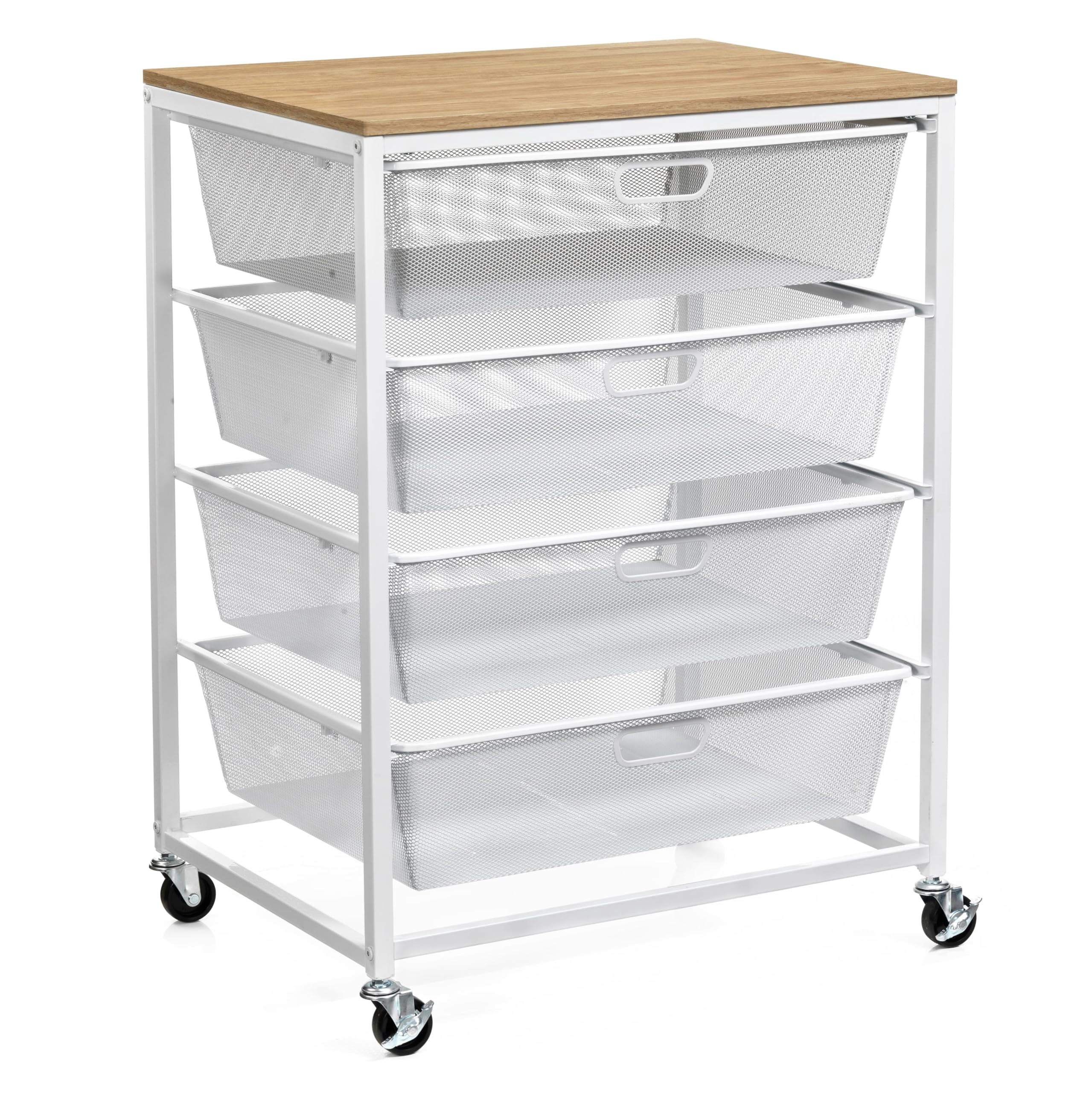 Metro White 4 Drawer Rolling Cart by Simply Tidy - Mobile Storage Organizer with Mesh Drawers & Woodgrain Top - Large Workspace for Craft - Office & Home Organization - 1 Pack