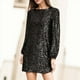 thumbnail image 2 of Mini vestido de lentejuelas de manga larga para mujer - Vestido de cóctel brillante y brillante, poliéster, cuello redondo, corte en A, 2 of 5
