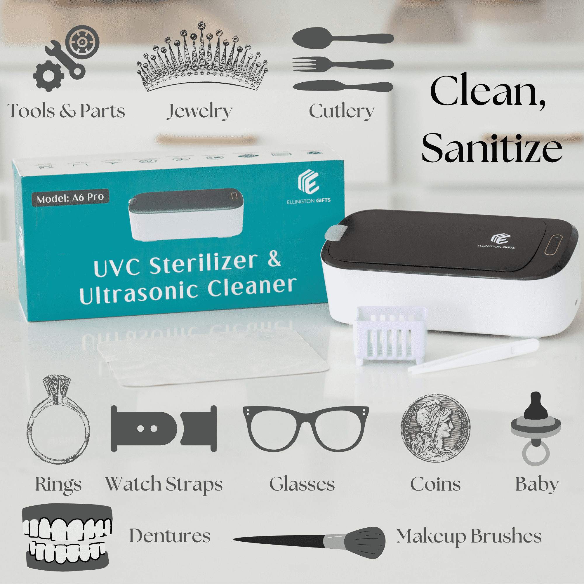 Ultrasonic Jewelry Cleaner & UVC Professional Sterilizer Machine, 550ml 46KHz Power Portable Ultra Sonic Cleaner for Cleaning Glasses, Watches, Coins, Makeup, Dentures