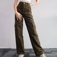 thumbnail image 2 of Pantalones de mujer con múltiples bolsillos Ajuste relajado Pierna ancha recta Cintura media Pantalones casuales de calle OD Verde L, 2 of 5