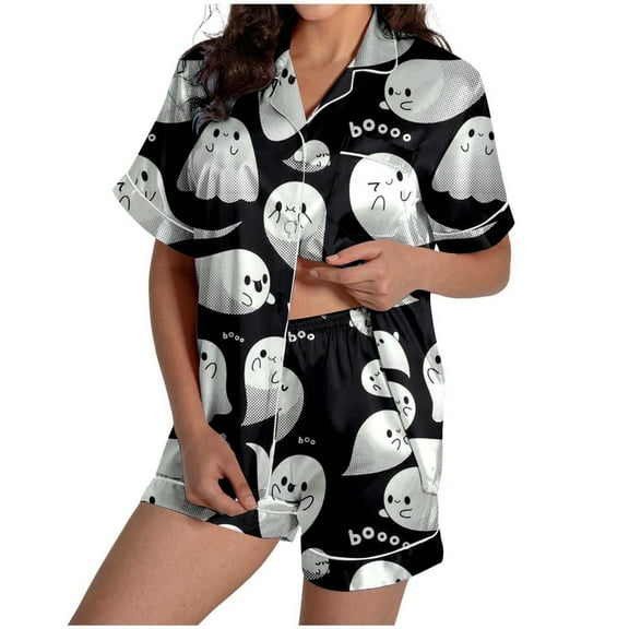 Halloween Pajama Sets for Women Breathable Cushiony Ghost Graphic Button Down Short Sleeve Shirts and Shorts 2 Piece Nightwear Relaxed Fit Womens Lounge Sets