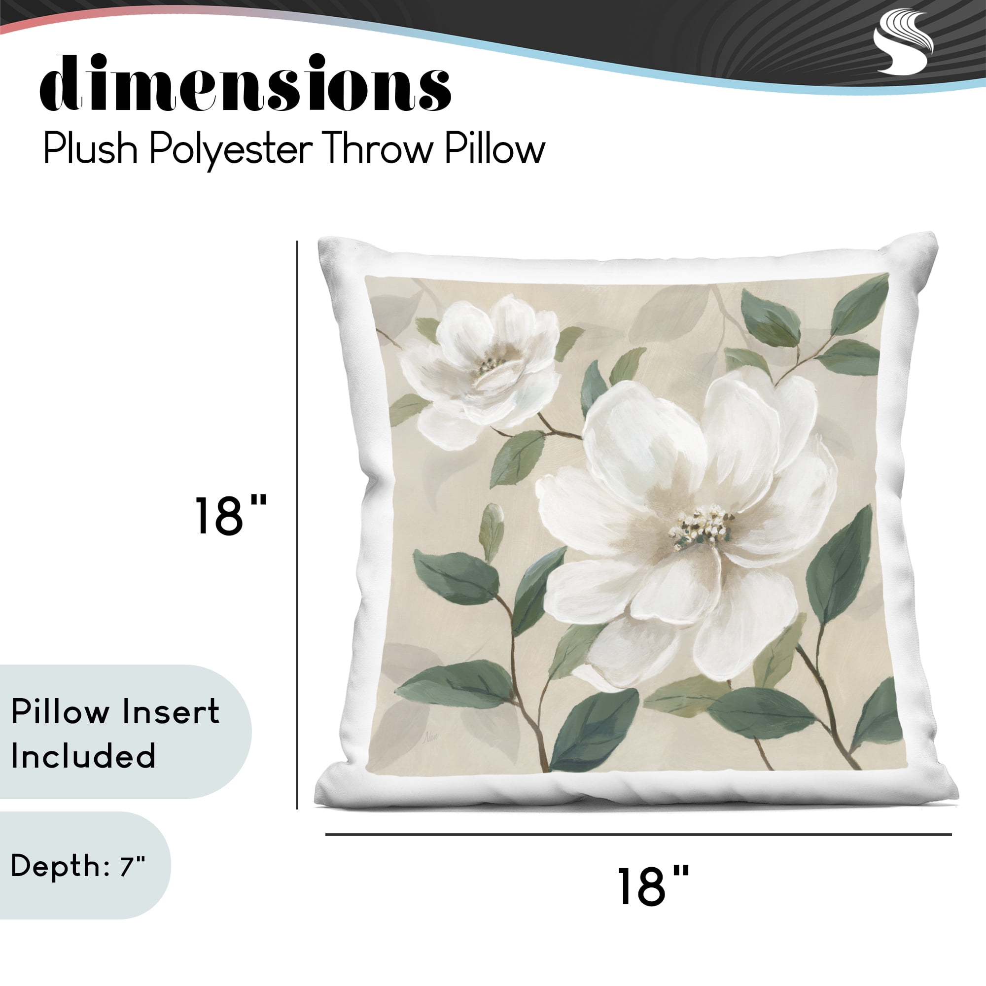 Stupell Industries Serene White Blossom with Leaves Decorative Printed Throw Pillow, design by Nan, 18 x 7 x 18