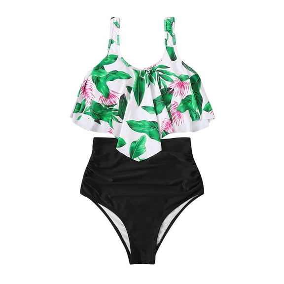 QLEICOM Womens Swimsuits Tummy Control Plus Size Swimsuit Coverup Bikini Flower Print Cross Bandeau Three Piece Swimsuit Beach Swimwear Green M