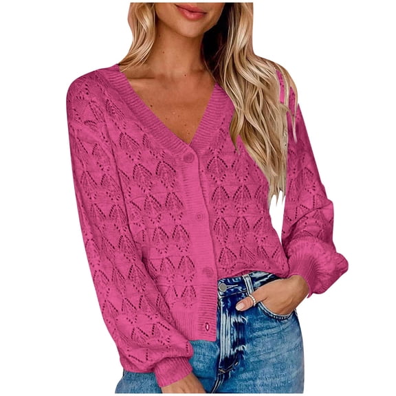 Kilaqueen Cropped Cardigan for Women Hollow Out Crochet Button Down V Neck Long Sleeve Knit Cardigan Sweaters Casual Solid Color Trendy Fall Cardigan