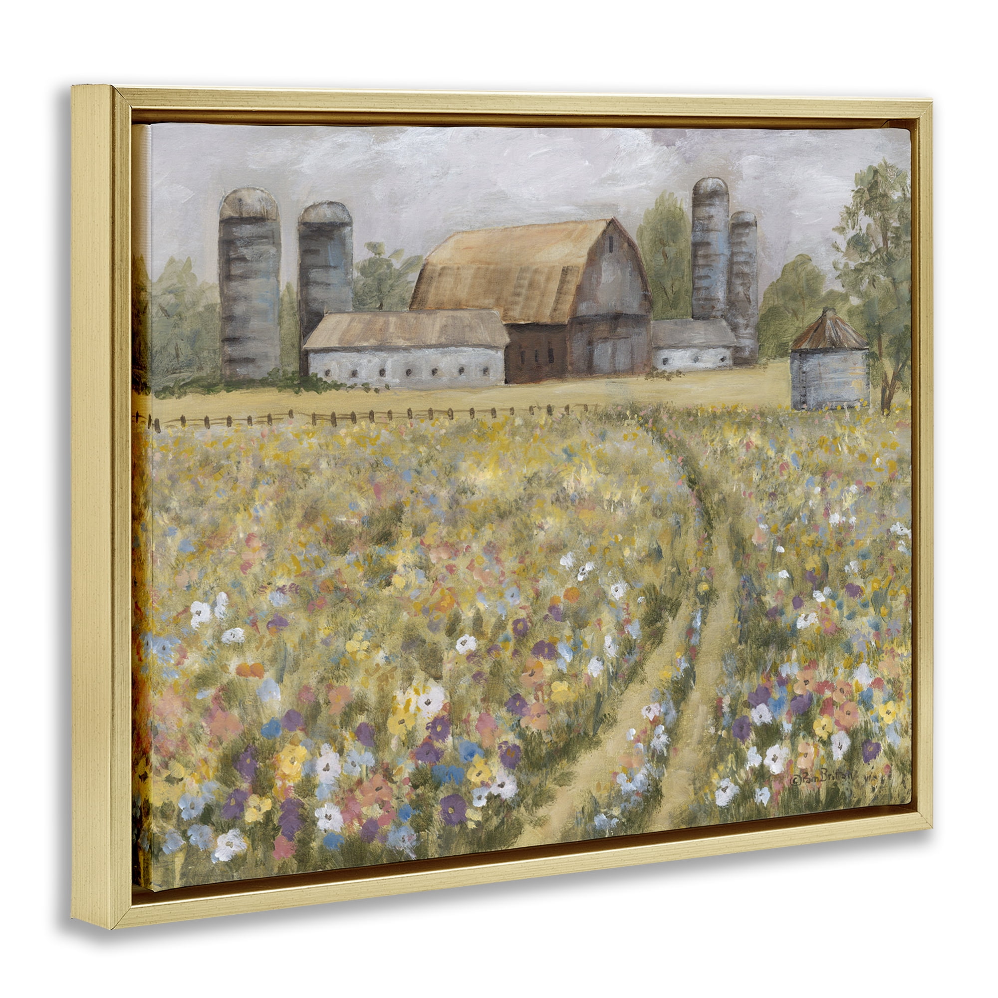 Stupell Industries Meadow Path to Barn Landscape Painting Gold Floater Framed Canvas Art Print Wall Art, 31 x 25