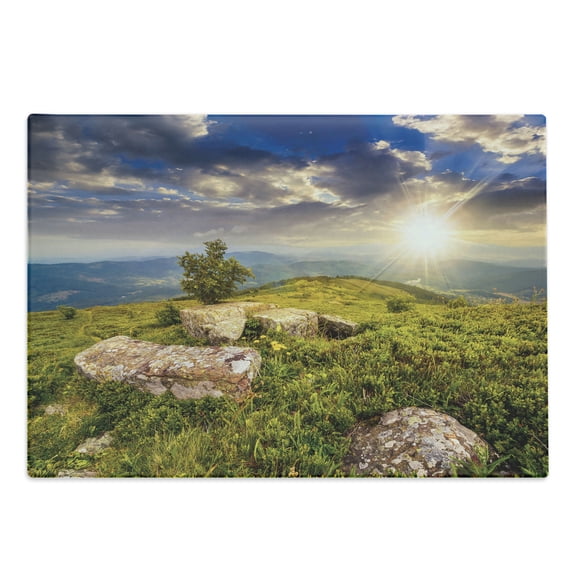 Mountain Cutting Board, Small Tree Behind Boulders Hillside Grass Greenery Meadow Scenic Dramatic, Decorative Tempered Glass Cutting and Serving Board, Large Size, Green Yellow Blue, by Ambesonne