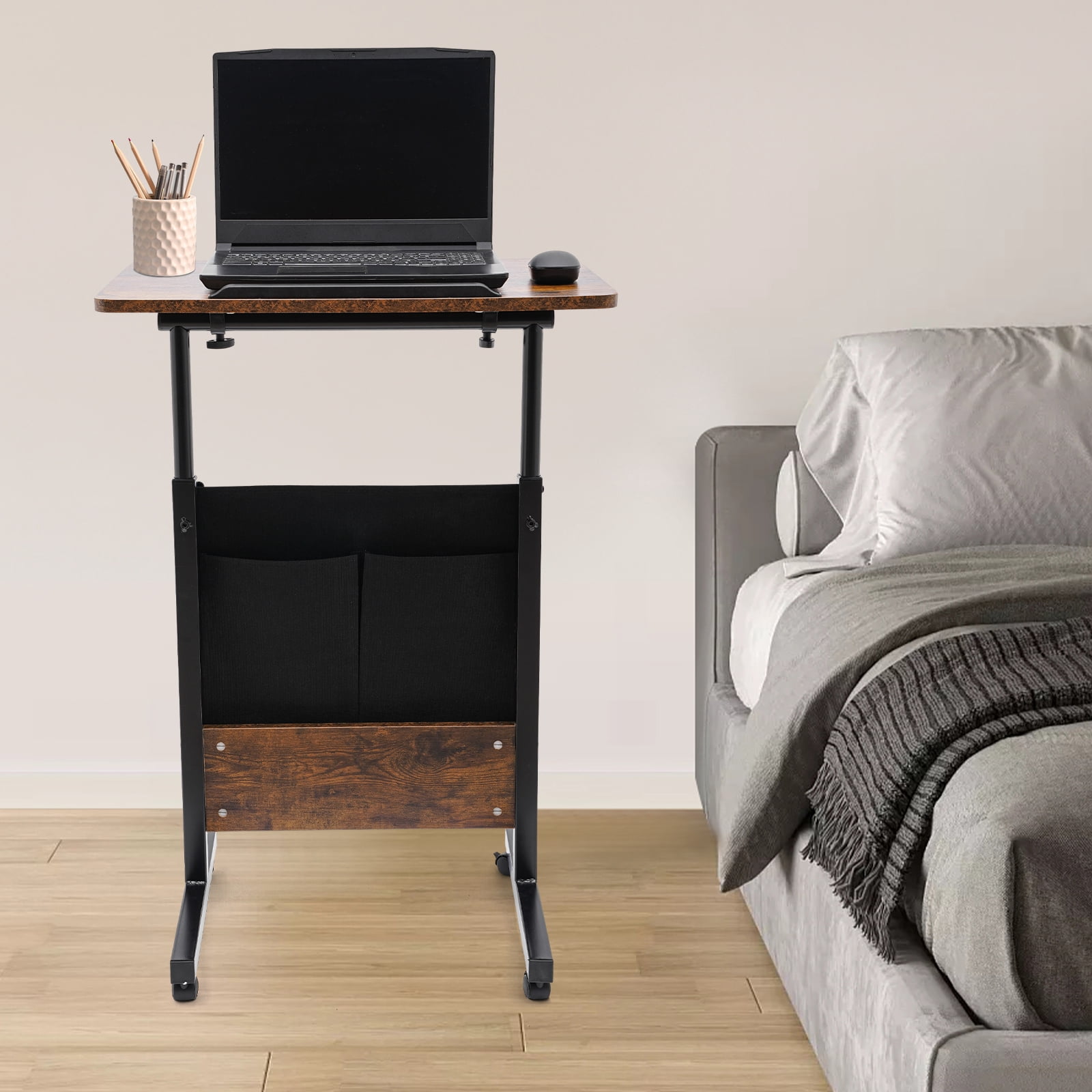 YIYIBYUS Height Adjustable Foot Pedal Rolling Desk Mobile Standing Desk with 4 Universal Wheels with Brakes Adjustable Rolling Desk Large Capacity for Offices, Classrooms, Homes Brown
