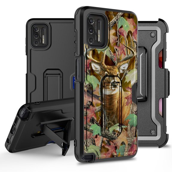 ANJ  Rugged Hybrid Shockproof Case w/Kickstand   Holster Clip Card Slot Cover for Motorola Moto G Stylus (2021 Release) - Buck Camo