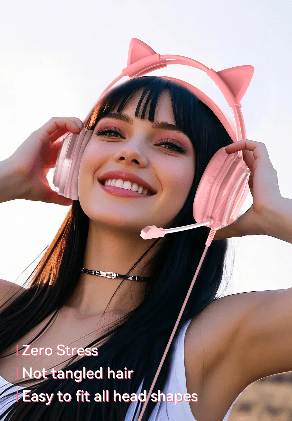 Wantek V10 Cat Ear Style Gaming Headset with comfortable fit and vibrant RGB lighting, Hi-Fi Sound - Pink