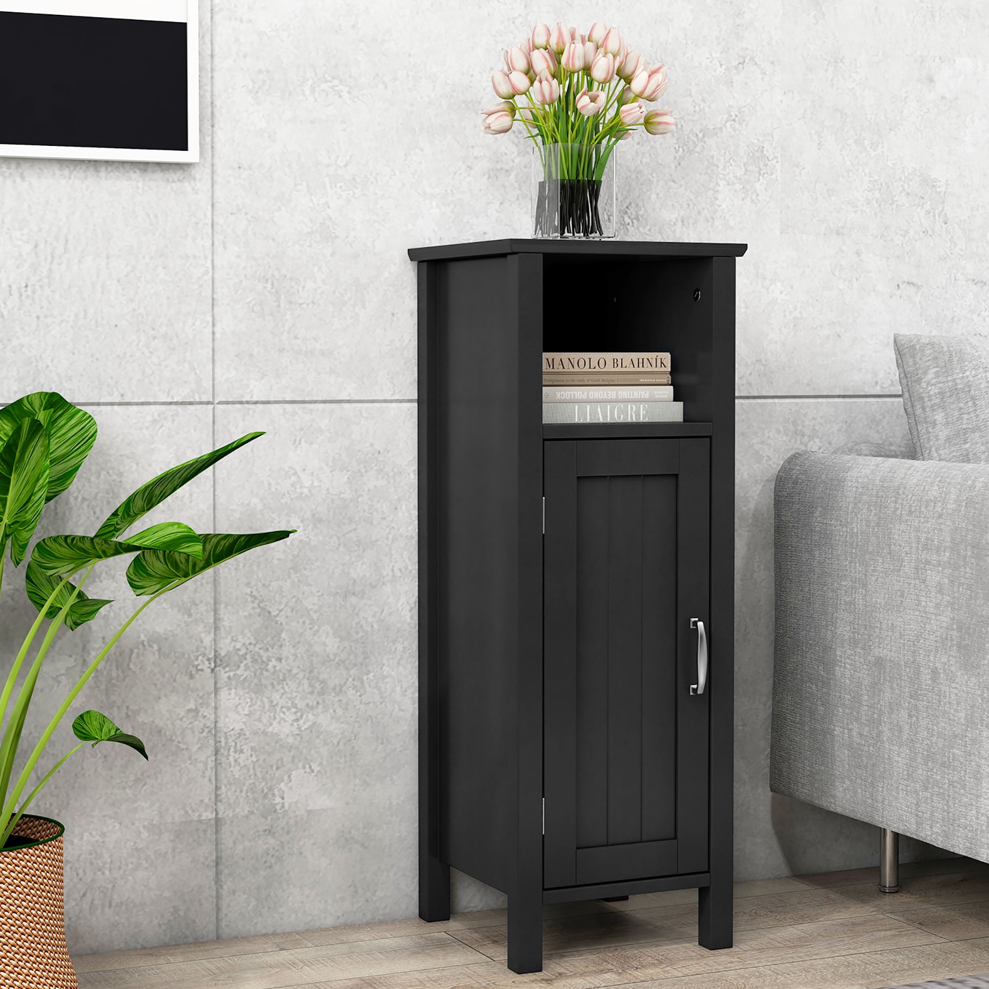 Gymax Bathroom Storage Organizer Narrow Floor Cabinet w/ 2-Tier Cabinet Open Compartment Black