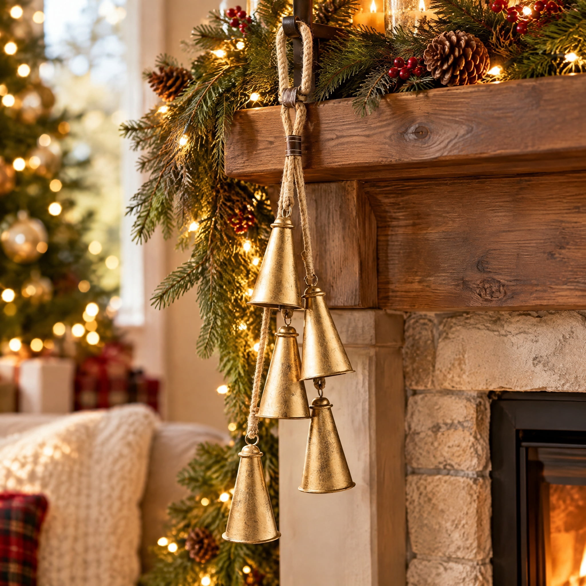 Metal Bells Hanging Christmas Decoration, Antique Gold, 32", by Holiday Time