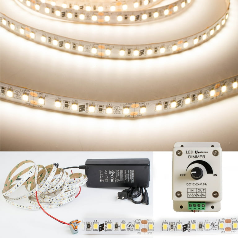 LEDUPDATES 95 CRI LED STRIP Light 600 LED chip per roll Highest Brightness  2835 LED chip 4000K Natural white + Dimmer + 24v UL Listed Power Supply 