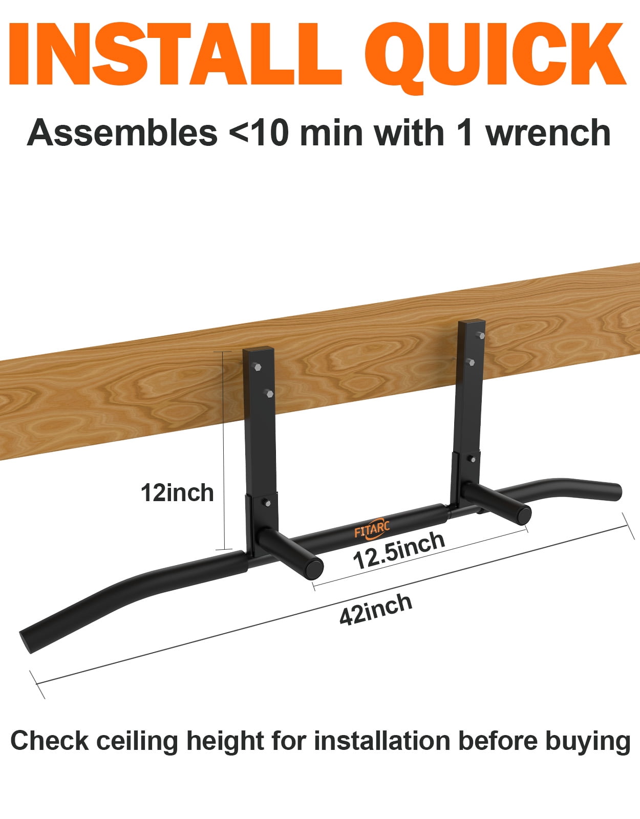 Fitarc Joist Mount Pull Up Bar, Chin Up Bar Ceiling Mount, Heavy Duty, Workout for Home Gym, 42 inch Wide -Patent Pending
