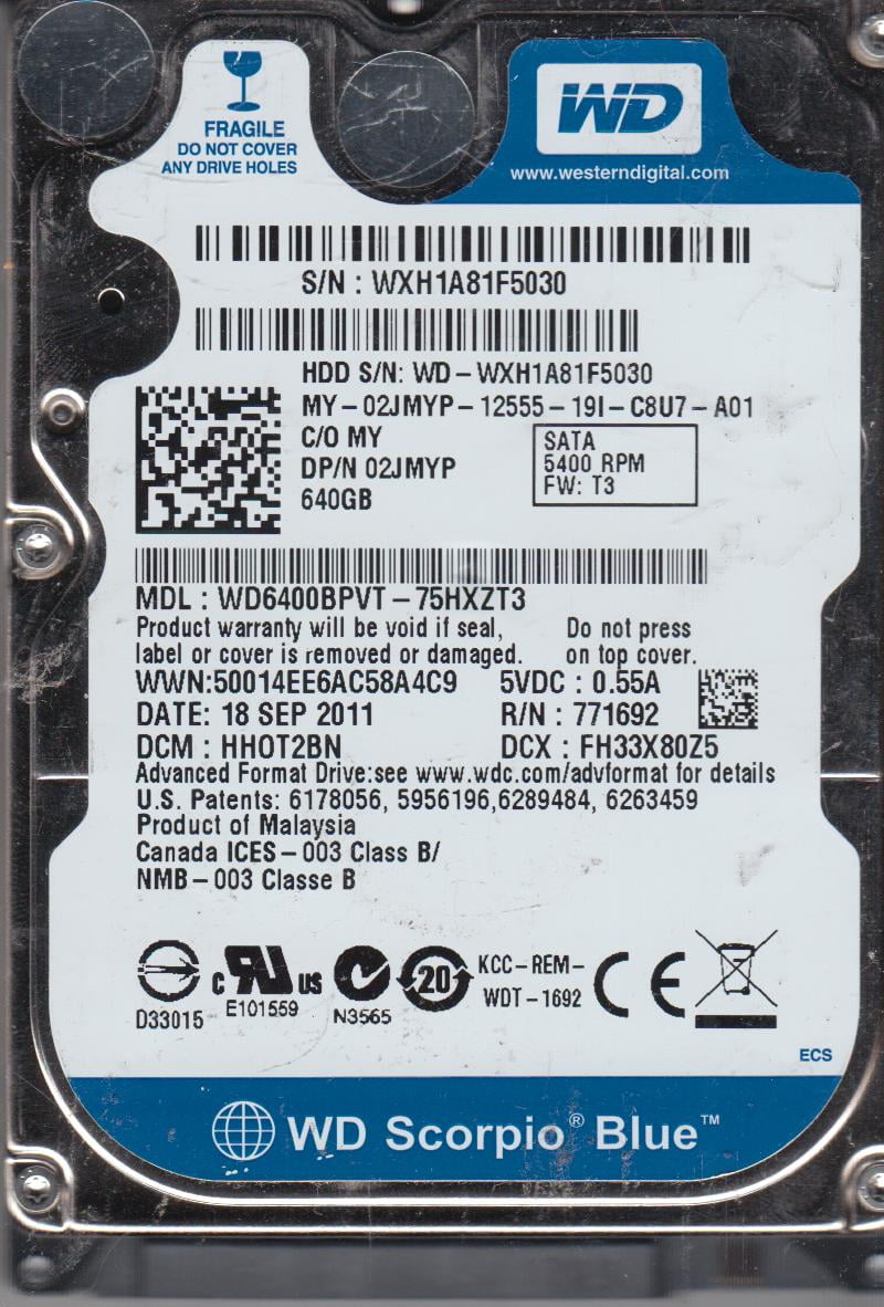 WD6400BPVT-75HXZT3, DCM HHOT2BN, Western Digital 640GB SATA 2.5 Hard ...