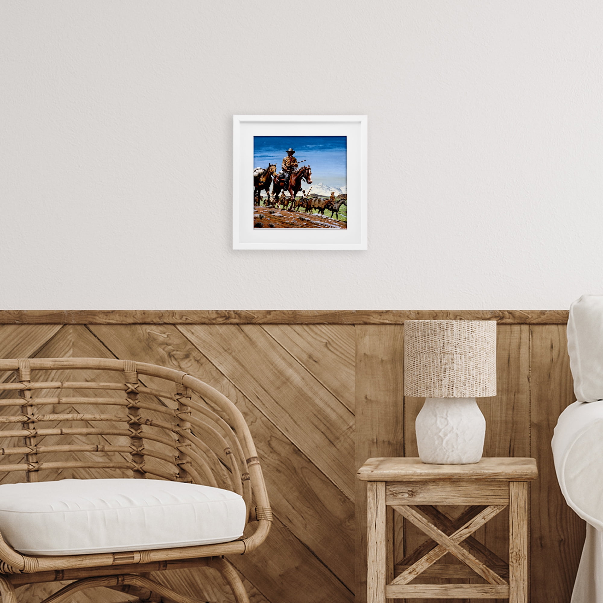 Santa Fe Trail Cowboys White Framed Print Under Glass, design by Wind River Studios