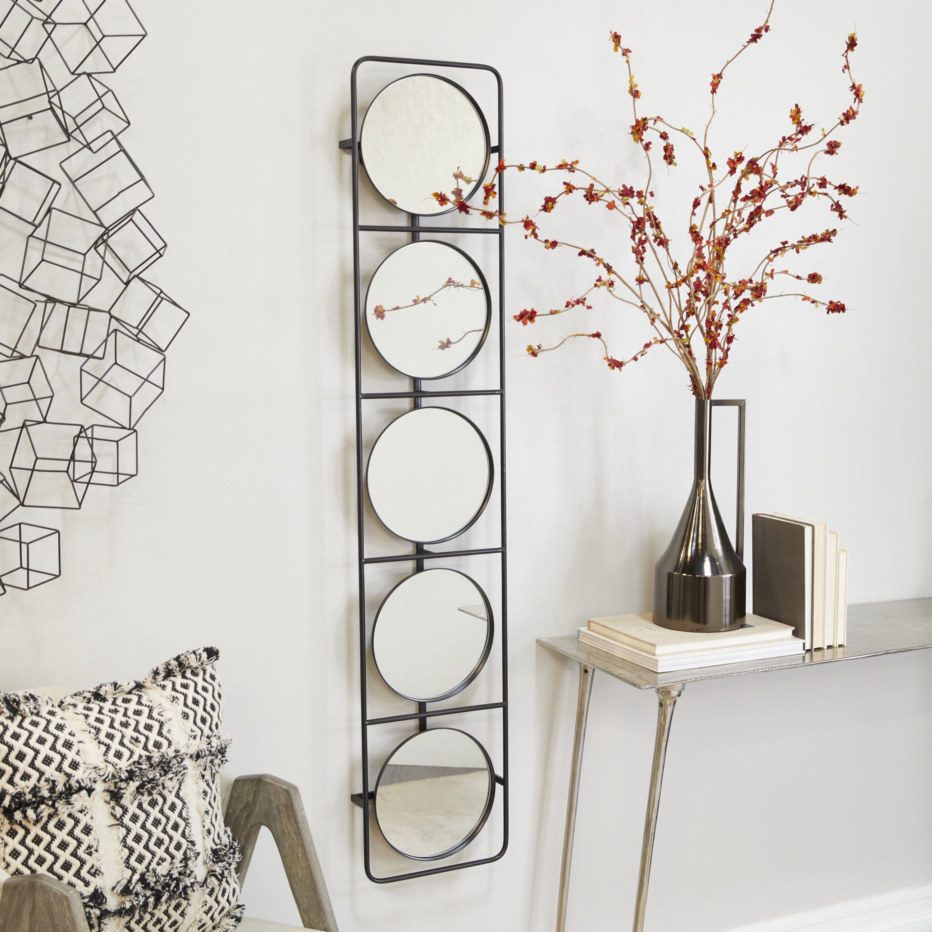 DecMode 12" x 58" Black Wall Mirror with Grid Frame