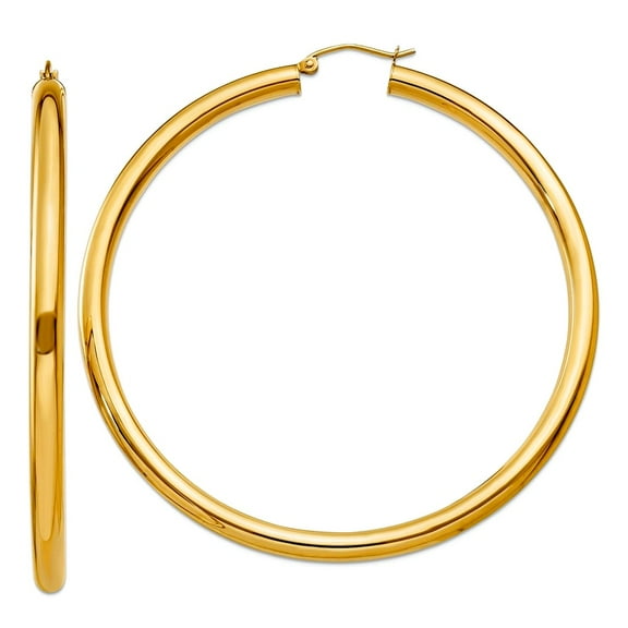 14k Yellow Gold Hollow Polished 4mm Lightweight Round Hoop Earrings 65mm long 4mm Thick Hoop Earring for Women