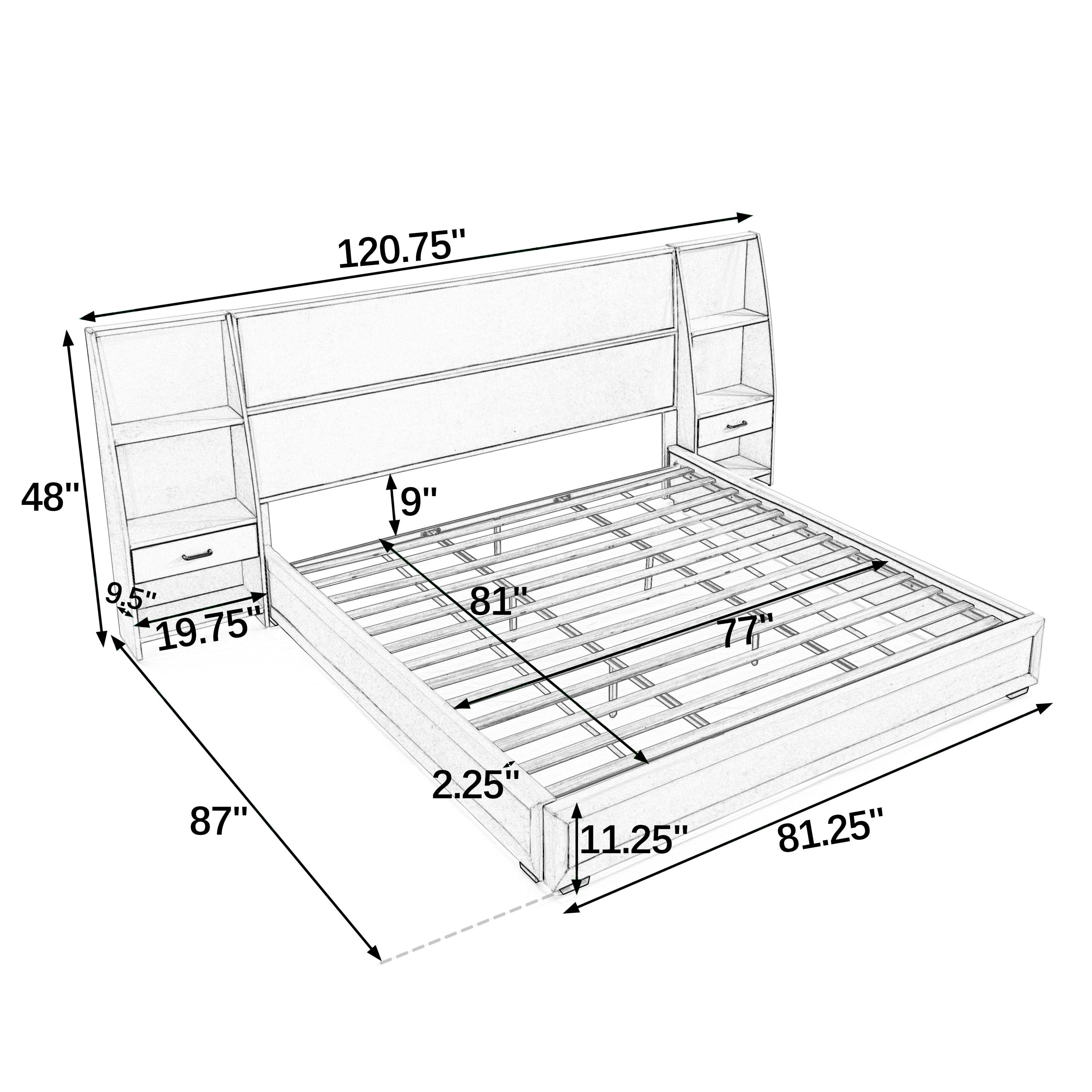 King Size Platform Bed Frame with Glossy Velvet Headboard, Side Bookcases & Drawer