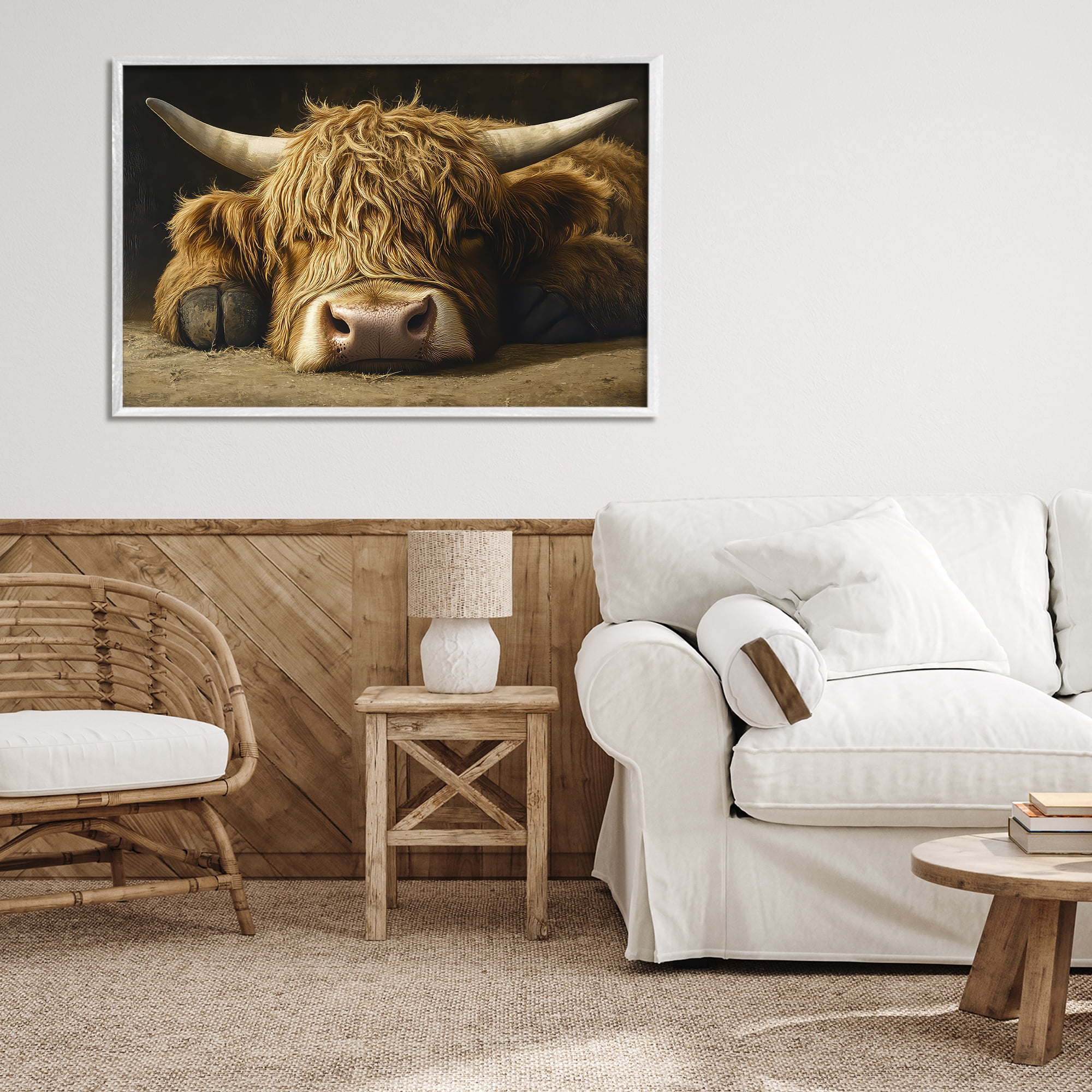 Stupell Industries Sleeping Highland Cow & Hoof White Framed Giclee Art, design by The Wands Want