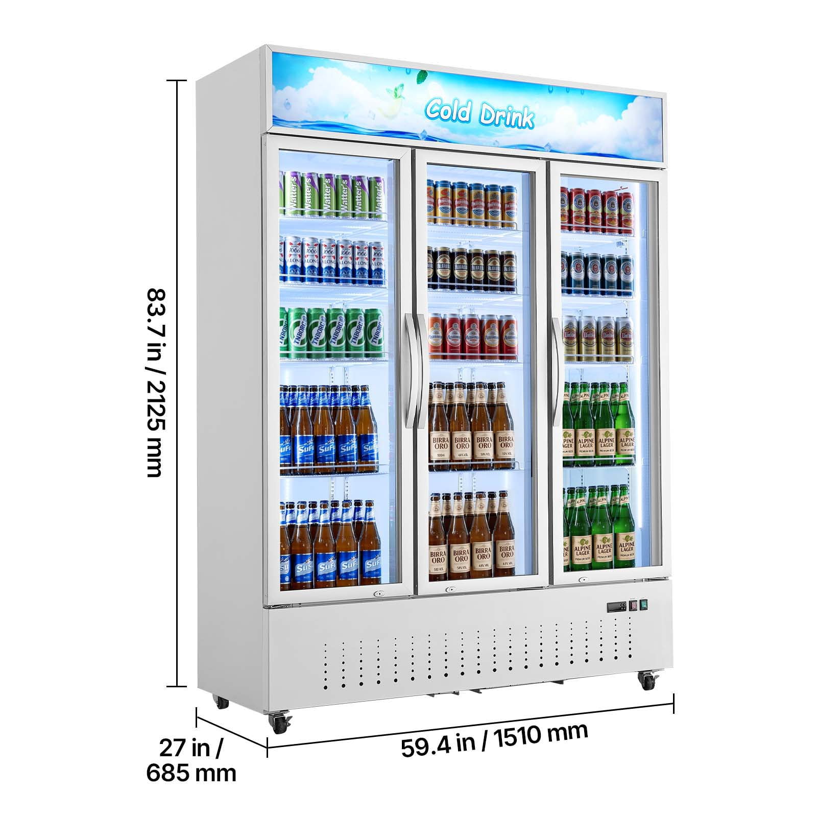 KFFKFF Commercial Merchandiser Refrigerator, 36.4 Cu.Ft / 1030L Upright Beverage Cooler, 3 Glass Door Display Fridge with Customizable Lightbox, 12 Adjustable Shelves, LED Lighting & Casters