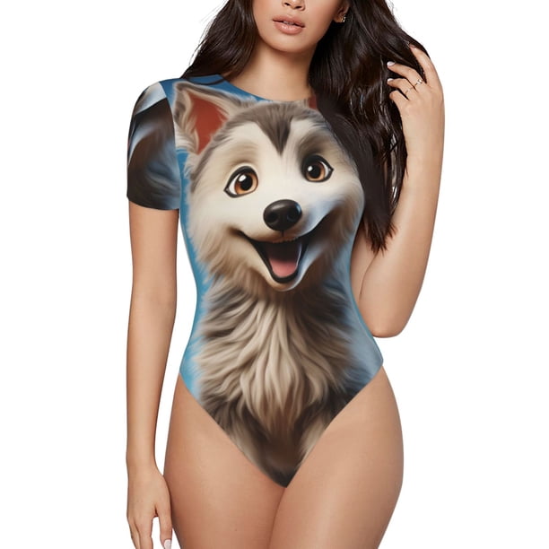 Balery Blue Sky Cute Wolf Body de cuello redondo de manga corta para mujer Tops de manga corta Tops básicos-Medium