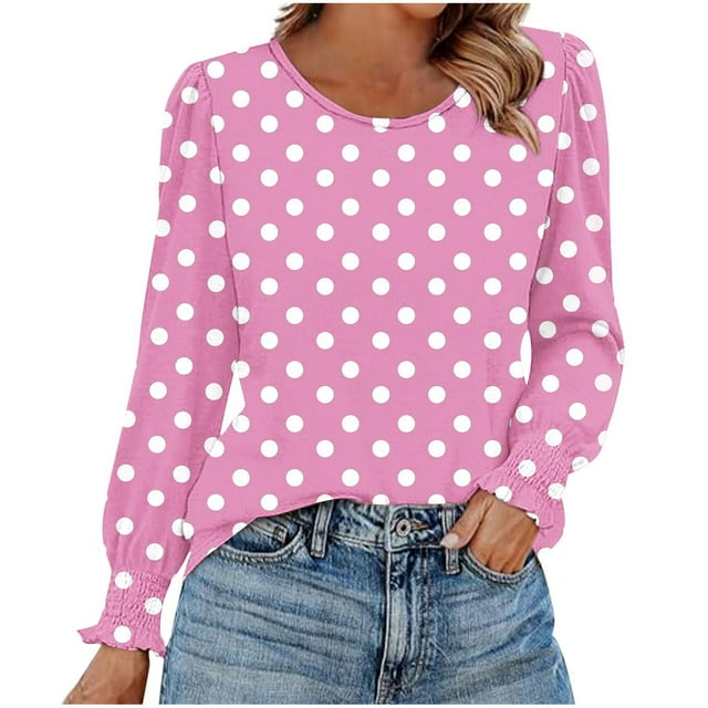 HAiming Chemises à Pois pour Femmes Col Rond Décontracté Hauts à Volants Plissés Blouse Basique Habillée T-Shirts de Travail