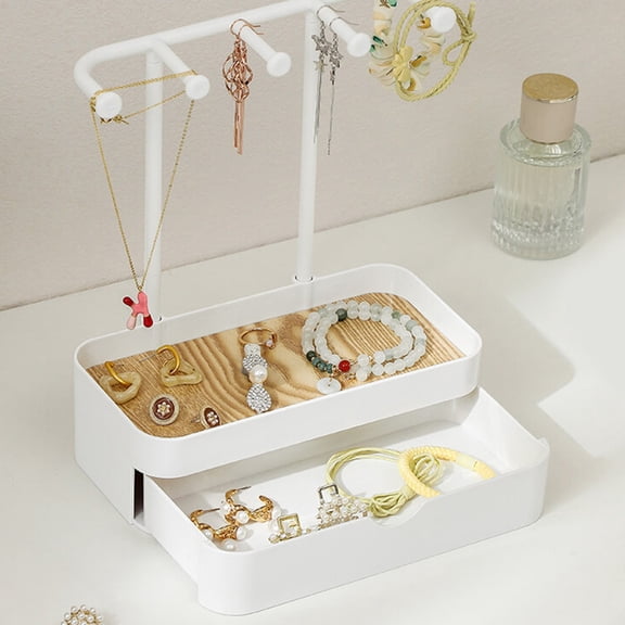 Jewelry Organizer and Storage Holder, Bracelet Holder Display with Tray and Storage Drawer and Non-slip Multi Hooks for Women Mum Dresser Countertop Vanity Bedroom Closet Dorm Home Decoration