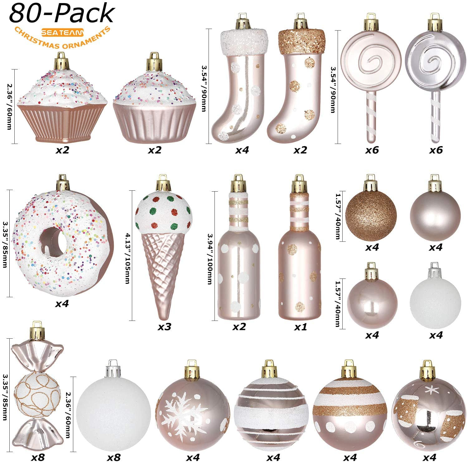 Rose Gold Sea Team 80-Pack Assorted Shatterproof Christmas Ball Ornaments Set Decorative Baubles Pendants with Reusable Hand-held Gift Package for Xmas Tree 
