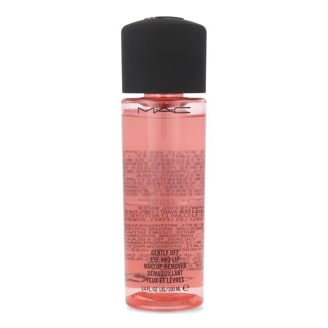 desmaquillante mac gently off eye and lip makeup remover 100 ml bifásico para ojos y labios, botella cilíndrica transparente con líquido rosado en dos fases, tapa negra mate y logo M.A.C en el cuello; diseñado para retirar maquillaje, incluidos productos a prueba de agua; a menudo usado también para limpiar brochas de ojos entre aplicaciones.