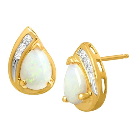 3/4 ct Natural Opal Stud Earrings with Diamonds in 10kt Gold