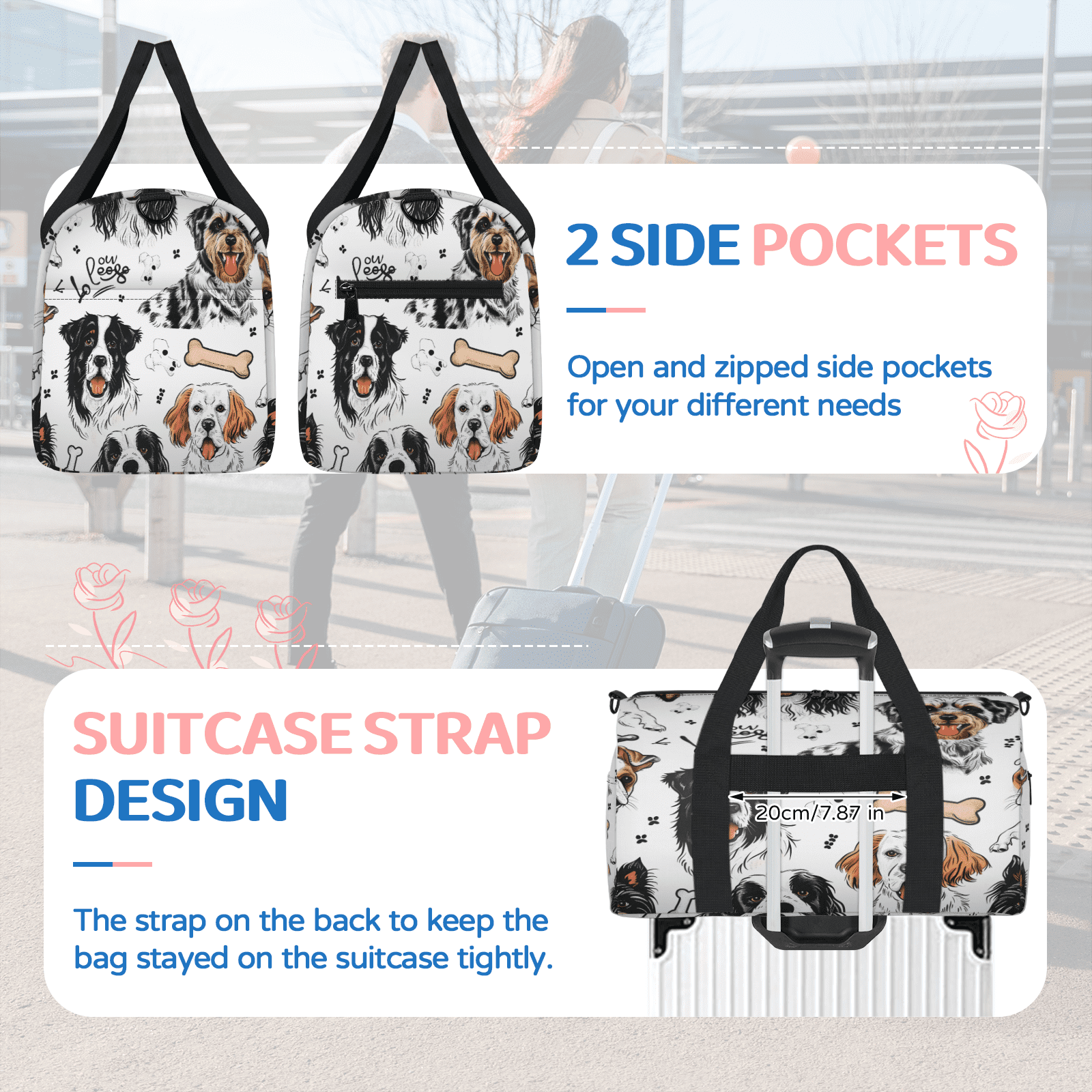 Herdesigns Dog Print Gym Bag for Women, Duffle Bag for Travel Sport, Lightweight Waterproof Carry on Weekender Overnight Dance Yoga Workout Bags