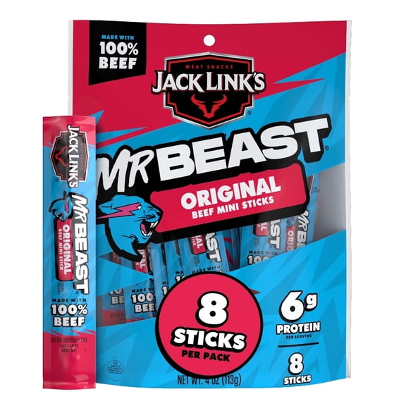 Jack Link’s x MrBeast Original Mini Beef Sticks, 4 ounce, 8 count of .5 ounce Mini Meat Sticks