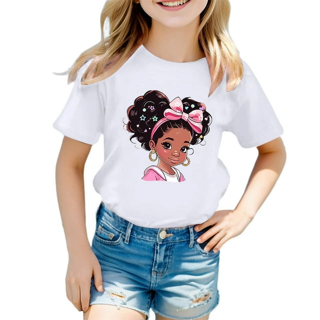 HNMKIU T-Shirt Graphique Décontracté Tendance pour Filles Manches Courtes Col Rond Haut d'Été pour Enfants Usage Quotidien à la Mode