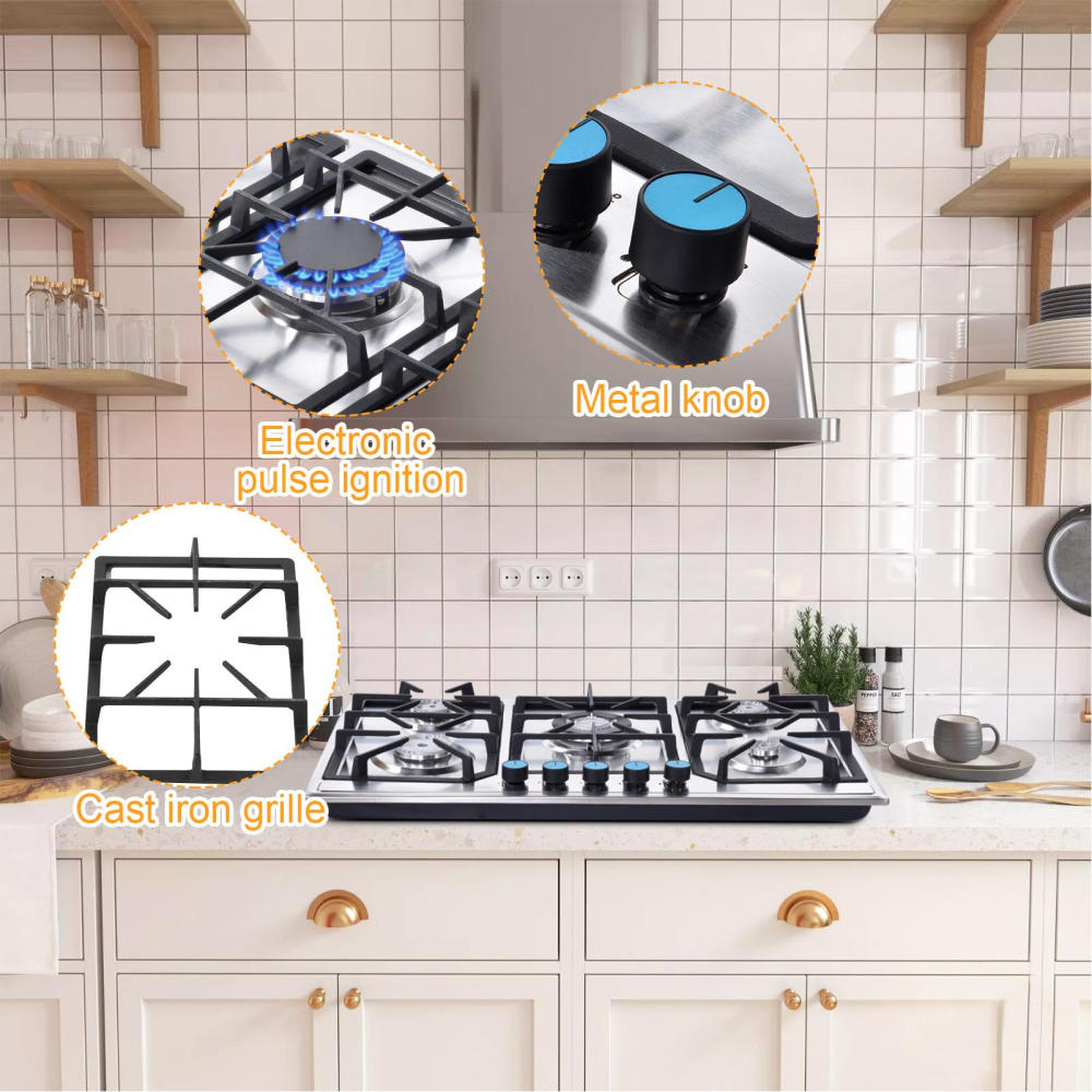 Gas Stove Top W/5 Burner Built-in Gas Cooktop 34in Stainless Steel NG/LPG