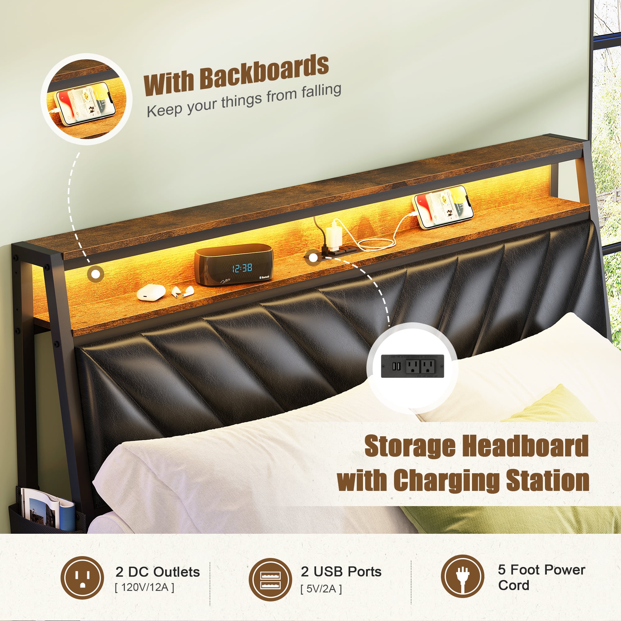 Yoneston Queen Size Platform Bed Frame with Ergonomic Tilted Upholstered Headboard, Storage LED Bed Frame with Charging Station for Kids, Adult - Brwon
