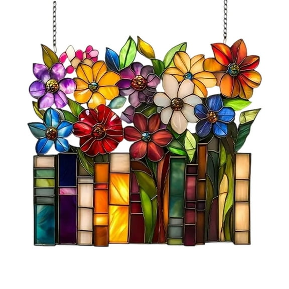 Book Christmas Ornament Stained Glass Style, Acrylic Book Lover Gift for Teachers Librarians Readers, Suncatcher Window Hanging Decor with Floral Design