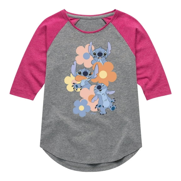Disney - Stitch Pop Flowers - Youth Girls Shirt Tail Raglan T-Shirt