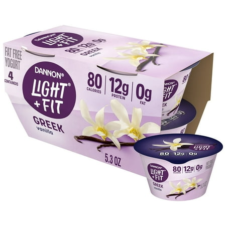 Dannon Light + Fit Vanilla Greek Fat Free Yogurt Cups, Convenient Anytime Snacks, 5.3 oz, 4 Count