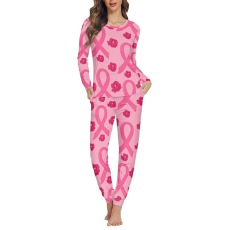 

Pzuqiu Stretchy Pajamas for Women Set Pants with Pockets & Long Sleeve Top 2Pcs Pink Ribbon Floral Casual Breathable Sleepwear Round Neck Winter Holiday Daily Wear Size 3XL