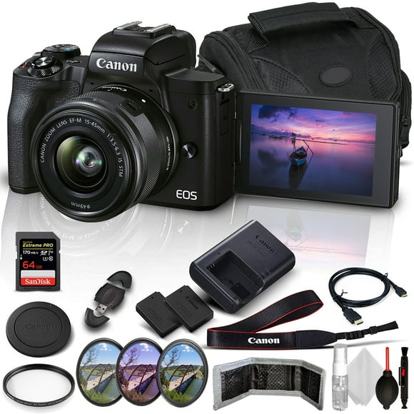 Canon EOS M50 Mark II Appareil Photo Numérique Sans Miroir avec Objectif 15-45mm (Noir) + Carte Mémoire SanDisk Extreme PRO 64GB + Batterie de Rechange Longue Durée + Étui + Filtre UV + Jeu de Filtres 3PC + Câble HDMI + Plus