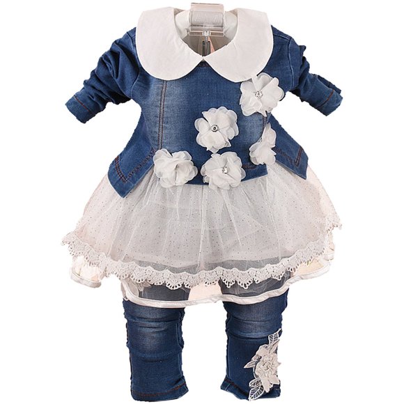 Yao 6M-4Y Infant 3Pcs Baby Girls Clothes Set Toddler Outfits Lace Dress Jacket and Jeans (2-3Years,White)