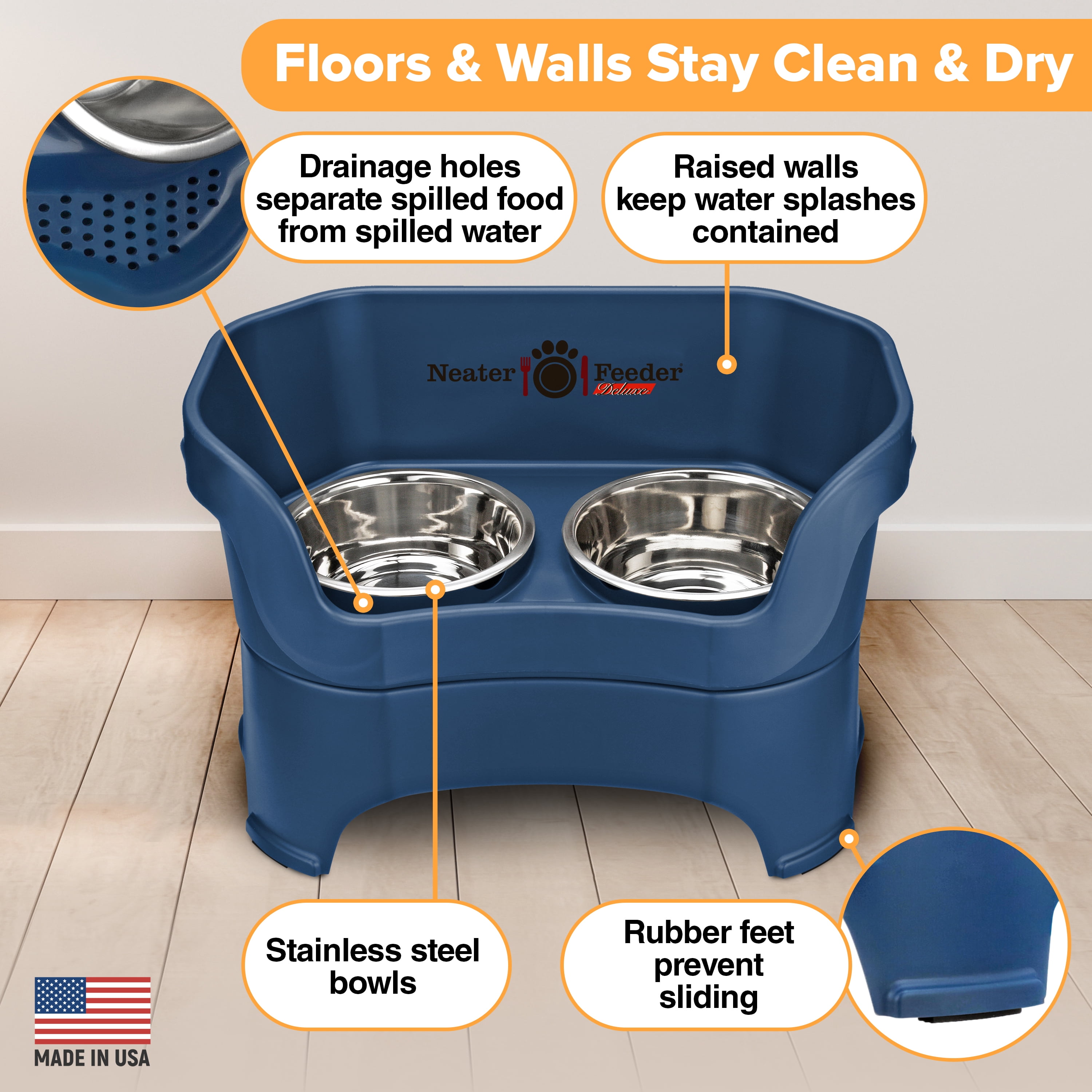 Neater Pets Neater Feeder Deluxe Mess-Proof Elevated Food & Water Bowls for Large Dogs, Dark Blue
