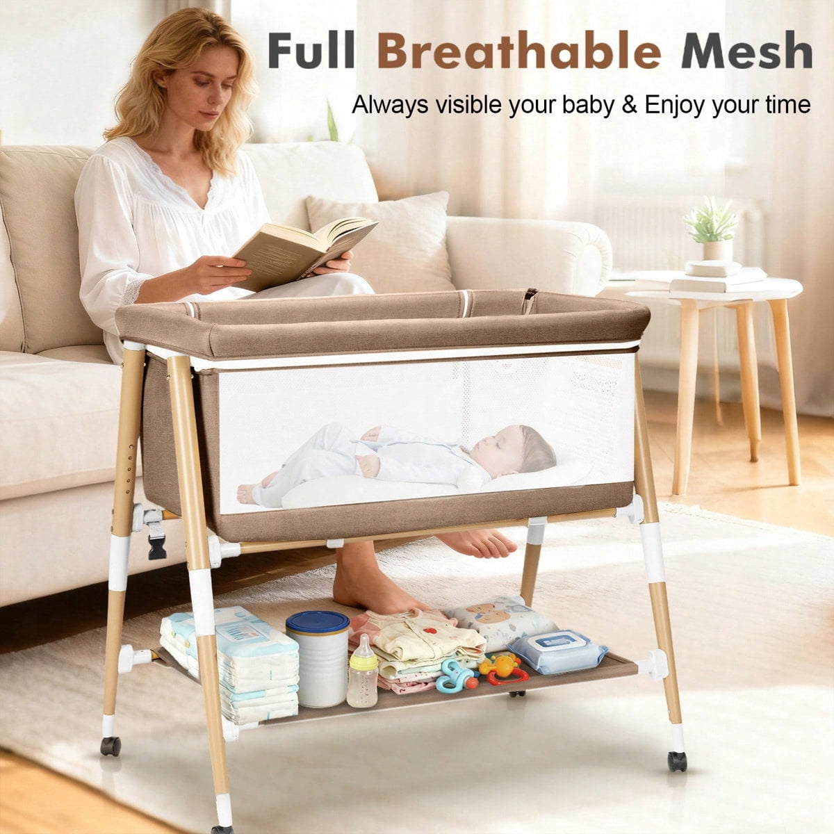 3 in 1 Baby Bedside Bassinet Sleeper for Newborn,Infant Crib with Adjustable 5 Height for Babies Girls Boys Toddlers,Khaki