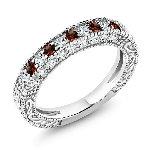Gem Stone King 1.00 Cttw Red Garnet and White Created Sapphire Wedding Band Ring for Women | 925 Sterling Silver | Engagement Anniversary Promise Ring for Women | Size 9