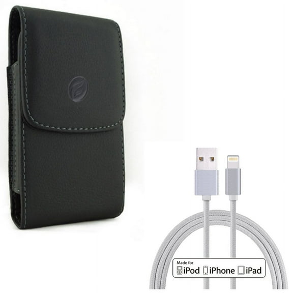 Leather Case Belt Clip w 10ft MFi USB Cable for iPhone XS X 8 7 6S 6 - Holster Cover Pouch Vertical Carry Protective, Certified Charger Cord Power Wire Braided Long