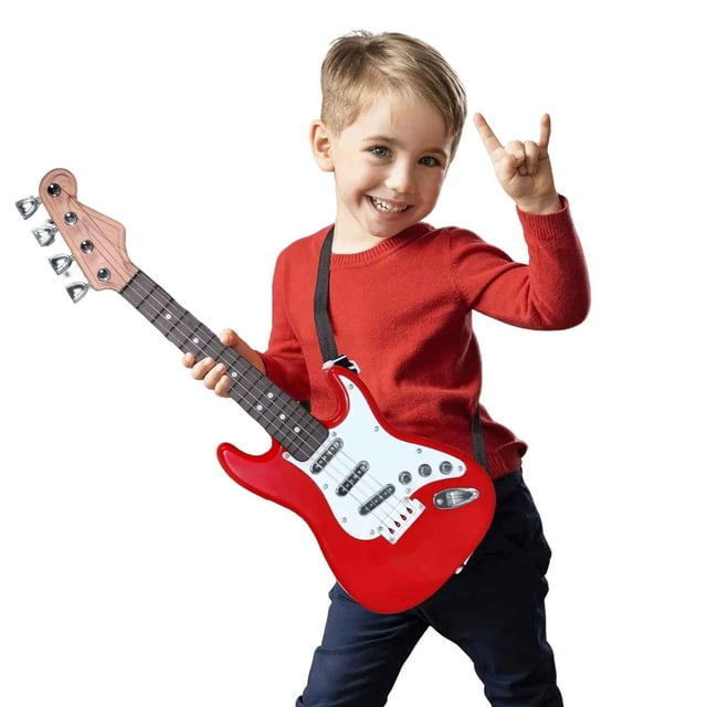 Funtogether Toys Kids Electric Guitar Toy, 4 Strings Beginner Musical Instrument, Portable Simulation Guitar for Boys Girls, Early Learning Music Educational Gift